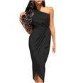 thumbnail image 1 of Fridja Dame Couleur Unie Irrégulière Inclinée Épaule Ceinture Slim Fit Robe de Satin, 1 of 5