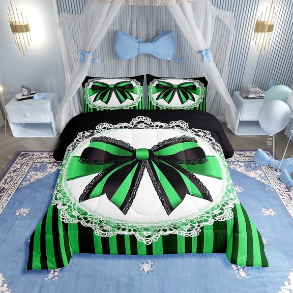 Erosebridal Bow-tie Bedding Sets Twin with Comforter, Kawaii Princess Bow Duvet Insert, Striped Abstract Decor, Reversible