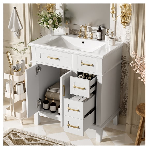 30" Bathroom Vanity with Ceramic Sink, Modern Storage Cabinet with Soft-Close Doors, Deep Drawer & Standard Drawer, Stylish Bath Vanity for Small Bathrooms