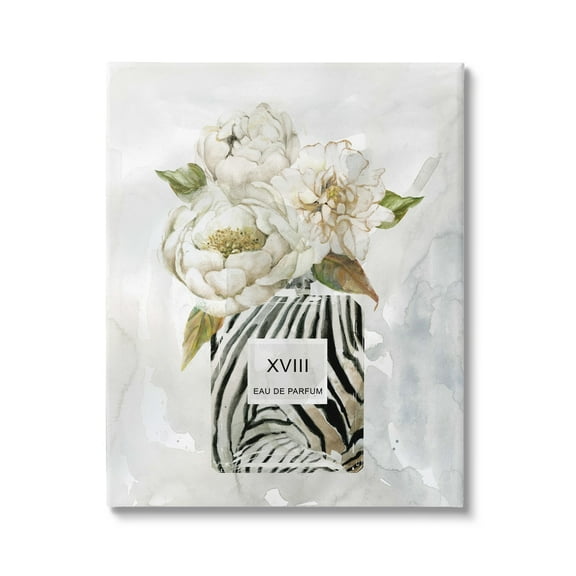 Stupell Industries White Glam Peonies Bouquet Patterned Perfume Bottle Paintings Gallery-Wrapped Canvas Print Wall Art, 16x20, by Carol Robinson