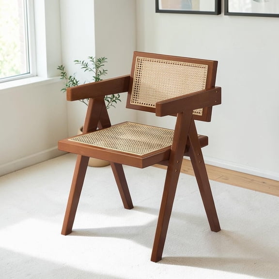 IVV Mid-Century Accent Armchair with Rubber Wood Frame, Woven Rattan Backrest & Seat, Indoor/Outdoor Dining Chair for Kitchen Patio Balcony (Brown, 1 Pack)