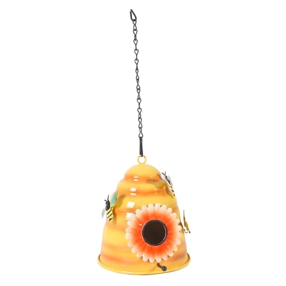 Beehive Bird House for Outside Hanging, Iron Decorative Birdhouse with Bee Accents, Vibrant Orange Weather-Resistant Garden & Patio Decor