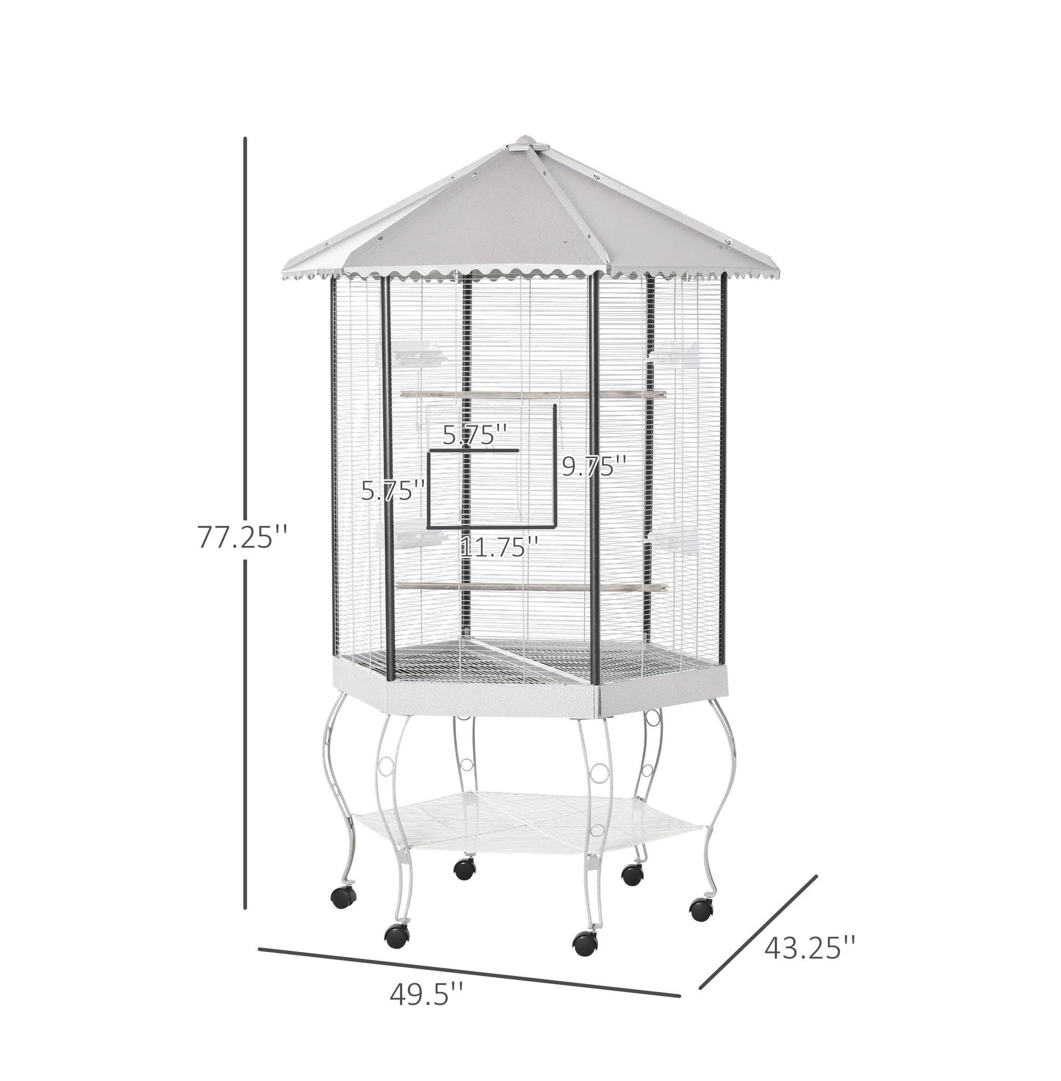77" Bird Cage, Hexagon Aviary with Canopy & Stand, Portable Bird Cage with Storage, Gray & White