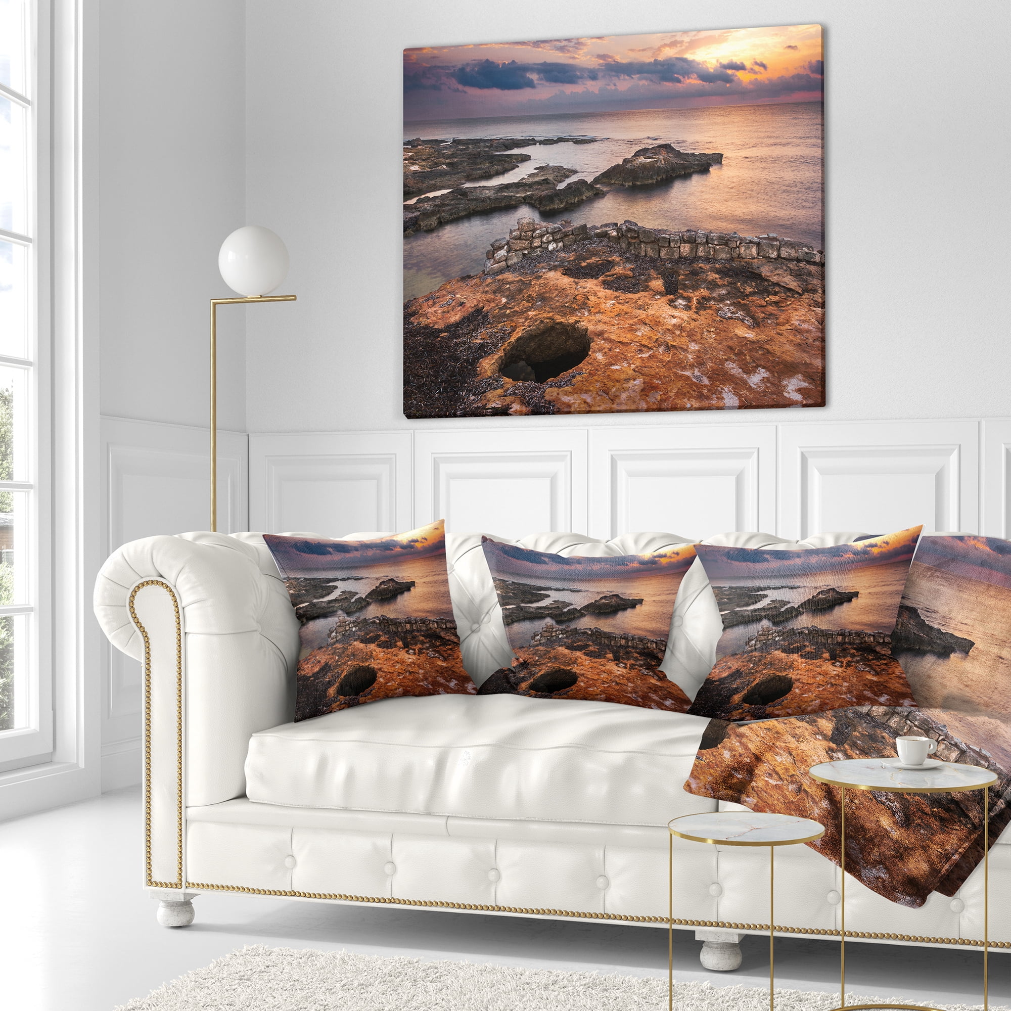 Designart Ancient Ruins on Beach Sunset - Oversized Beach Throw Pillow - 16x16