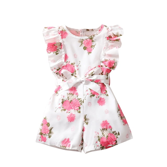 Odeerbi 3M-6Y Niñas Verano Rompers Ruffle Floral Sudadera Manga Corta Suspensión Pantalones Cortos Generales Con Cintura