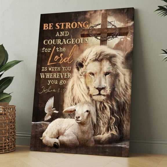 Joshua 1:9 Lion and Lamp Christian Framed Canvas Wall Art, Bible Verse Scripture Home Decor for Office Living Room, Inspirational Religious Wall Decor Gift