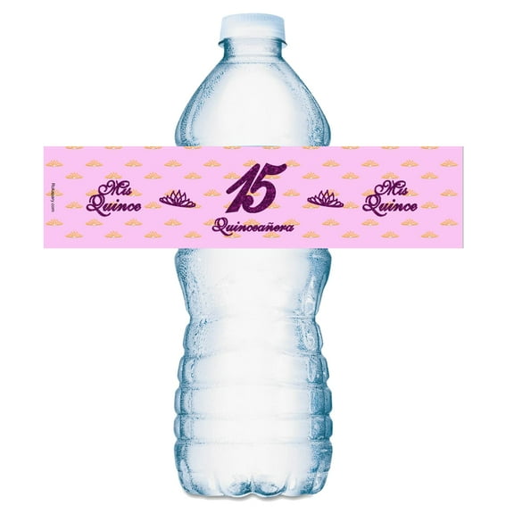 20 Quinceanera Water Bottle Labels, Mis Quince Waterproof Water Bottle Wrappers, Stickers for 15 Birthday Party Decorations (Purple)