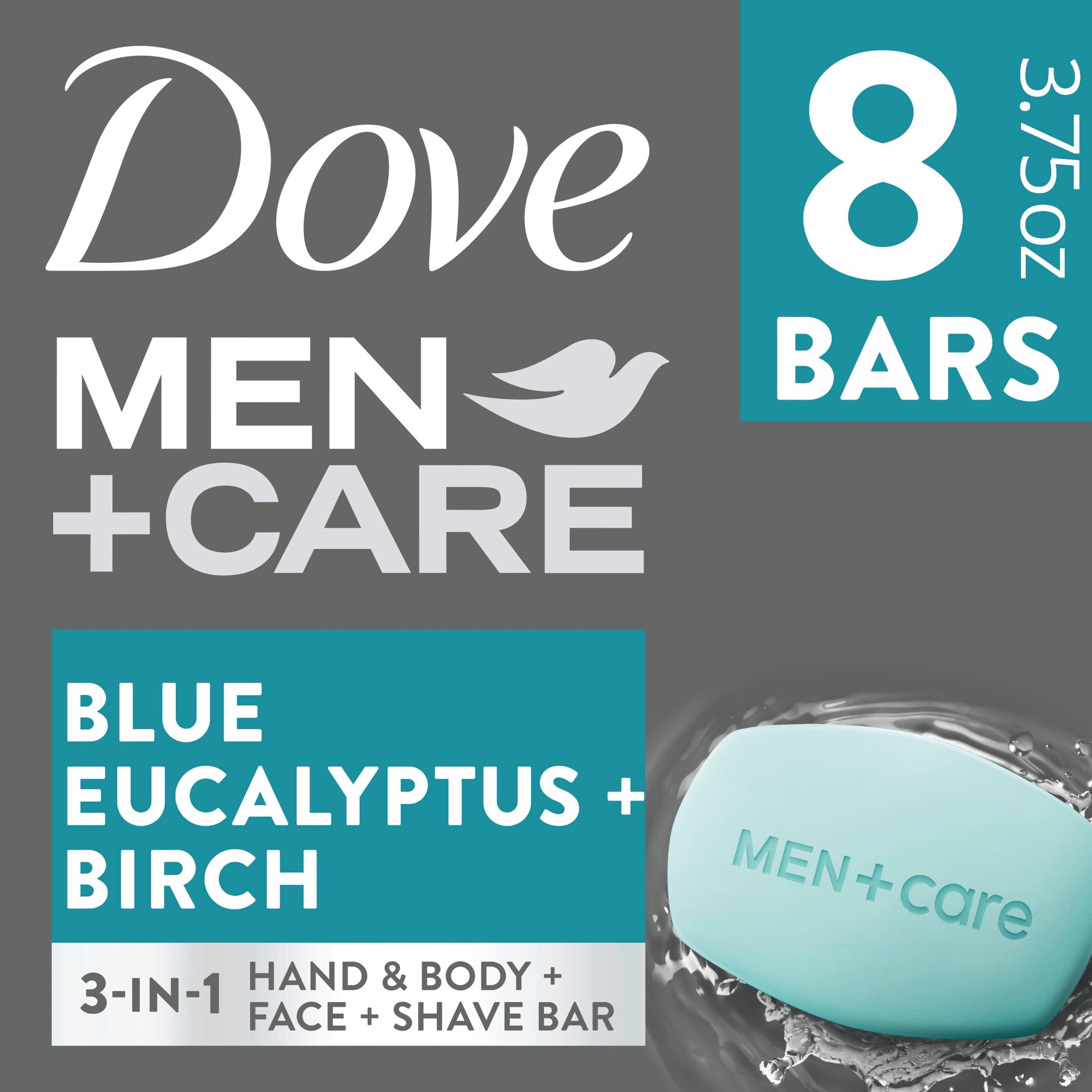 Dove Men+Care Bar 3 In 1 Cleanser For Body, Face, And Shaving For Fresh, Healthy-Feeling Skin Blue Eucalyptus Body And Facial Cleanser More Moisturizing Than Bar Soap ,3.75 oz 8 Bars