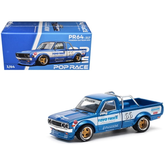 Datsun Pandem 620 Pickup Truck #66 Blue Metallic with White Stripes and Graphics 1/64 Die Cast Model Car by Pop Race