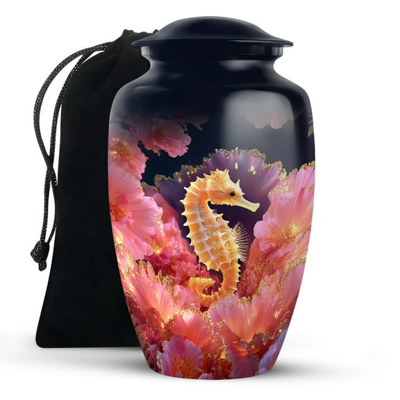 KARYLIZ Sea Horse Cremation Urn For Ashes Adult Male - Blooming Coral Garden Urn For Ashes Mom & Dad - Navy Blue Urns For Mom & Dad - Urns For Human Ashes Adult Female