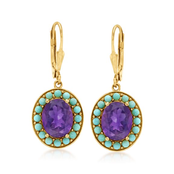 Ross-Simons Turquoise and 5.00 ct. t.w. Amethyst Drop Earrings in 18kt Gold Over Sterling, Women's, Adult