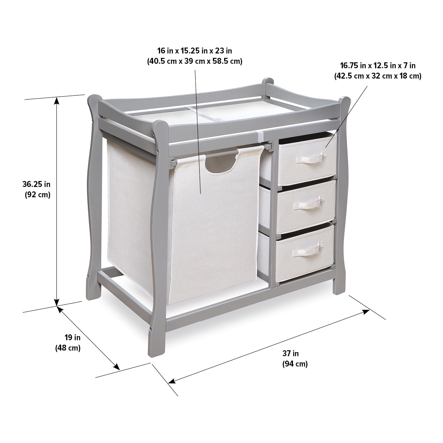 Badger Basket Sleigh Style Baby Changing Table with Hamper and 3 Baskets - Gray