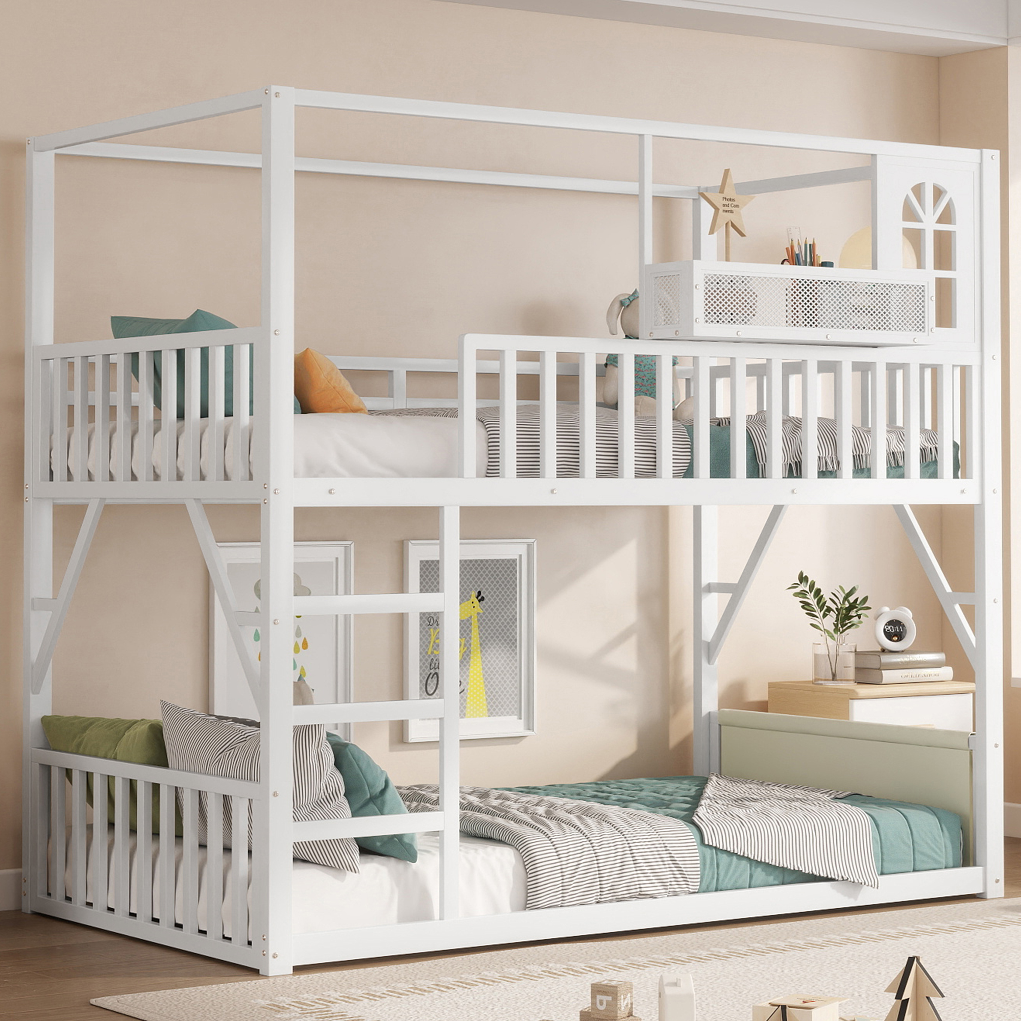 HOQBN Floor Bunk Bed Twin Over Twin,Metal Low Bunk Bed Frame with Storage Shelves and Storage Bag,White