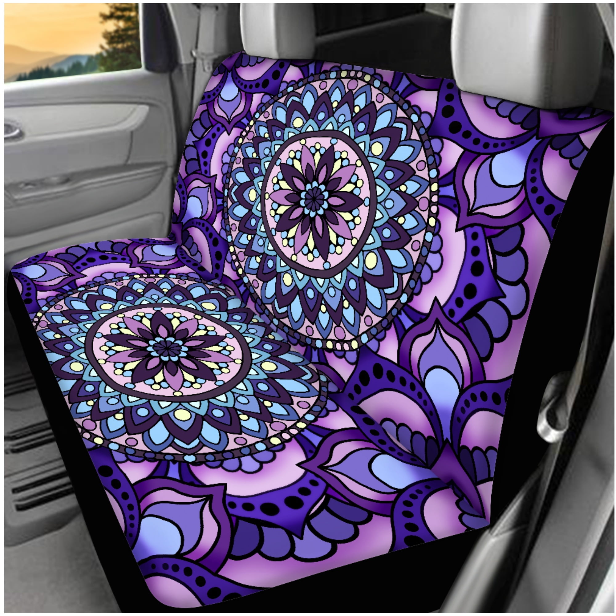 Jeiento Boho Mandala Flower Car Seat Cover Set of 14 Steering Wheel Cover Seat Belt Strap Pads Headrest Covers Coasters Auto Center Console Cover Purple Interior Automobile Accessories Sets