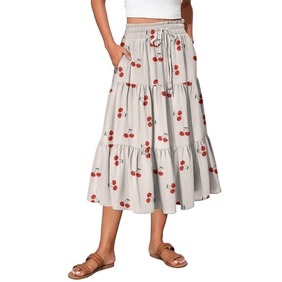 Women's Printed Casual Skirt Floral Pattern High Waist Flowy Midi Length Summer Fashion A Line Beige L
