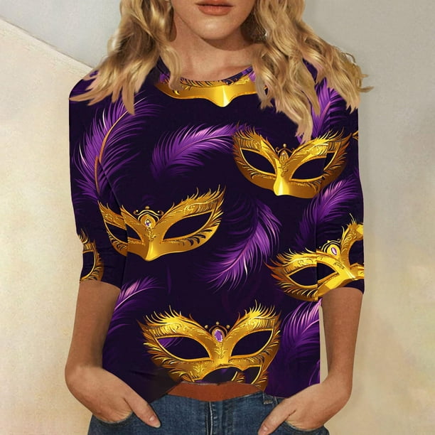 RKSTN Mardi Gras 3/4 Sleeve T Shirts for Women Top Oversized Crewneck Carnival Mask Print 3/4 Length Sleeve Shirt Womens Casual Round Neck Mask Tuesday Carnival Party Three Quarter Sleeve Tee Shirt