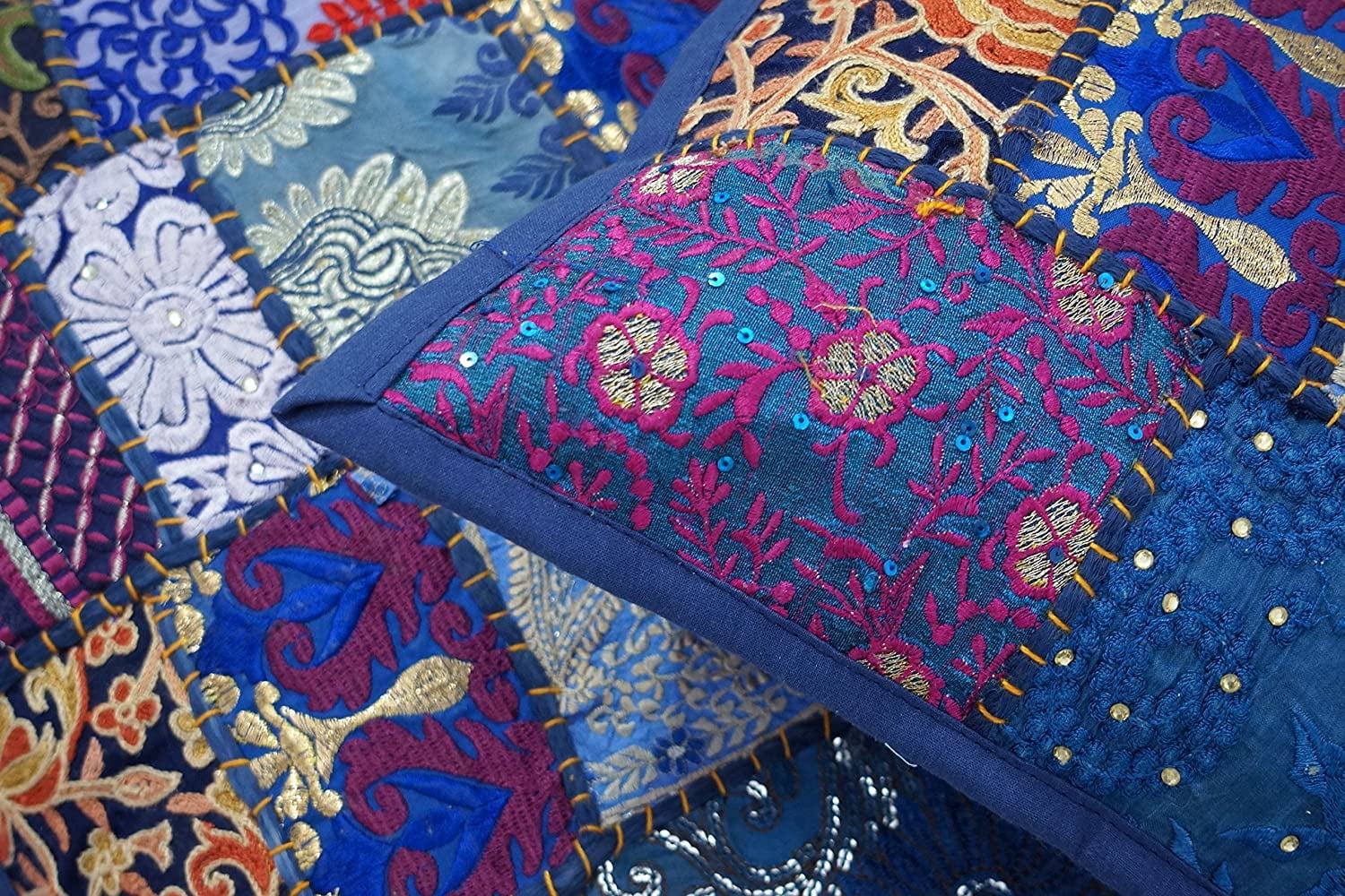 Indian Bohemian Decorative Sofa Throw Pillow Cover 16 Inch Cotton Patchwork Geometric Indian Square Couch Cushion Cover (Size - 40x40 cm ; Color: Blue )