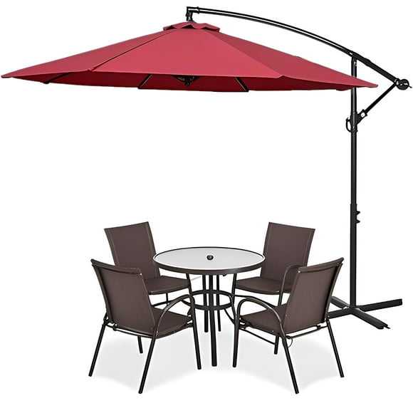 10Ft Offset Patio Umbrella with Cross Base and Crank, 8 Ribs Outdoor Cantilever Hanging Umbrellas, Market Umbrella Banana Shape Sunshade