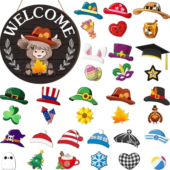 35 Pcs - Holiday Interchangeable Highland Cow Welcome Sign Highland Cow Seasonal Wooden Hanging Door Decor Patriotic Farmhouse Hanging Sign (black)