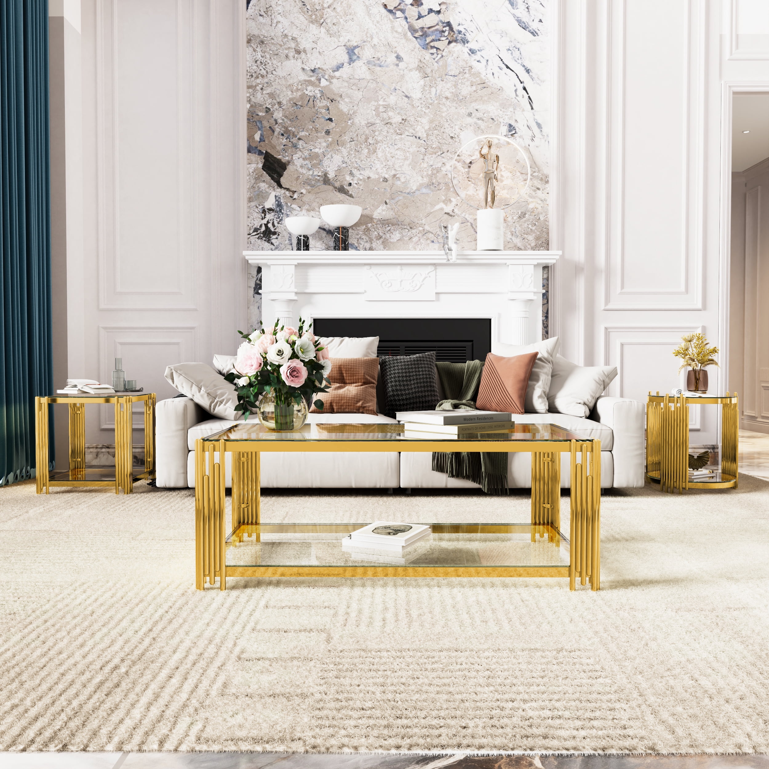 Euroco Modern Transparent Glass End Table for Living Room, Square,Asymmetrical Metal, Gold Finish & Lower Shelf, 19.9"