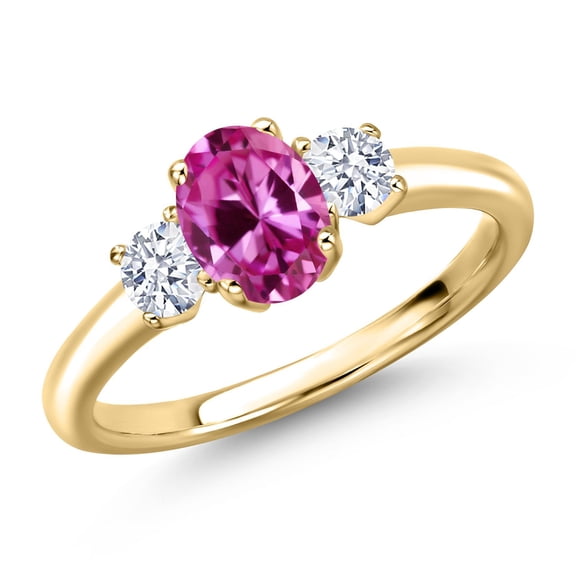 Gem Stone King 10K Yellow Gold Pink Created Sapphire and White Zirconia Engagement Ring for Women | 1.55 Cttw | Oval 7X5MM | Gemstone September Birthstone | Size 9