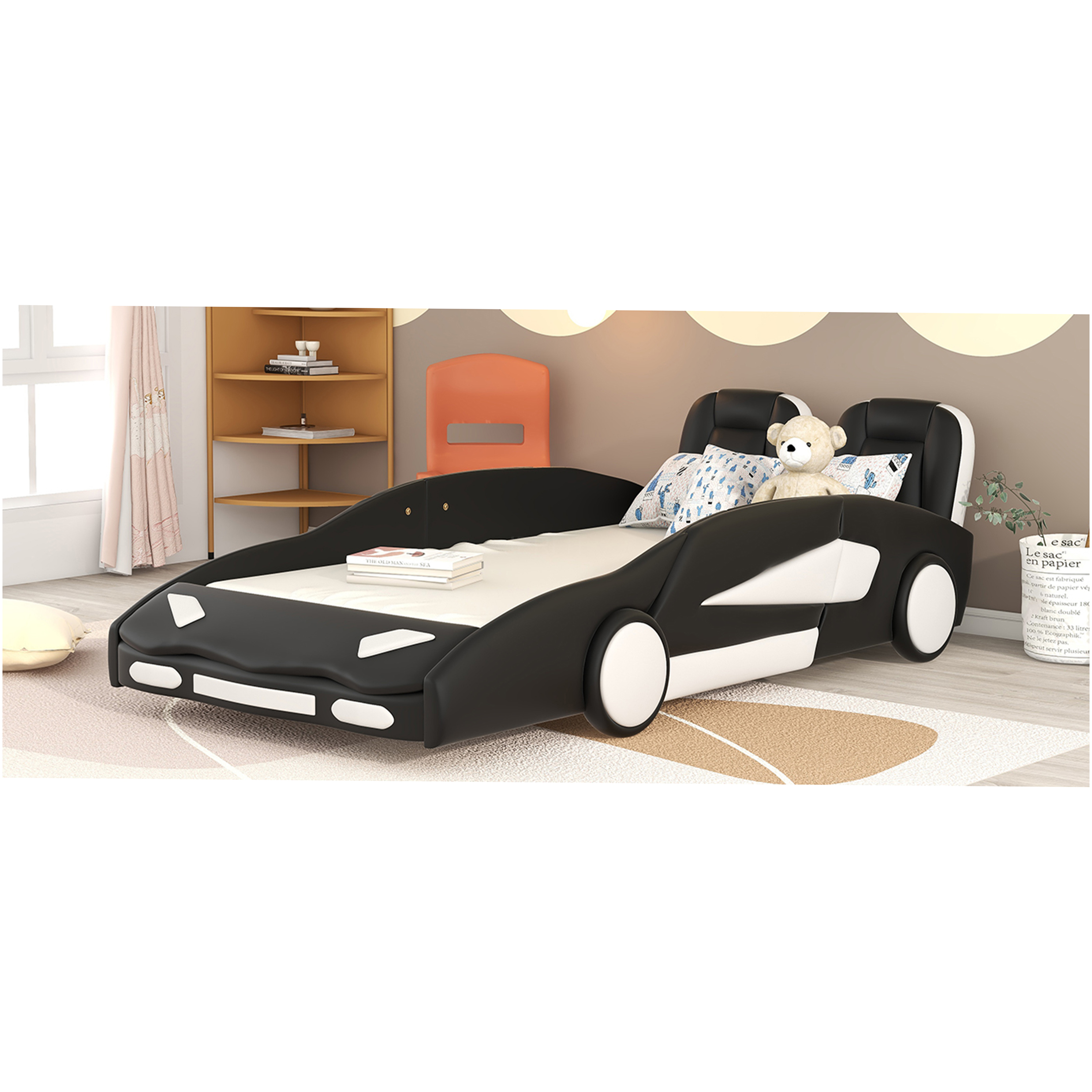 JERFIT Twin Size Race Car Platform Bed with Wheels, Black, Pine Wood Frame, No Box Spring Needed