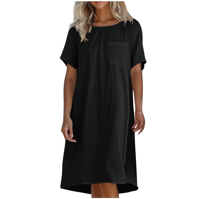 Liquidation d'Été 2025! Robe Grande Taille pour Femmes, Liquidation d'Été pour Femmes, Mode Robe d'Été Décontractée à Col Rond Manches Courtes Unie de Plage avec Poches