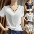 thumbnail image 3 of Blusa informal holgada de manga corta con cuello en V y seda satinada para mujer, color champán, talla M, 3 of 8