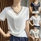 thumbnail image 3 of Blusa informal holgada de manga corta con cuello en V y seda satinada para mujer, color champán, talla M, 3 of 8