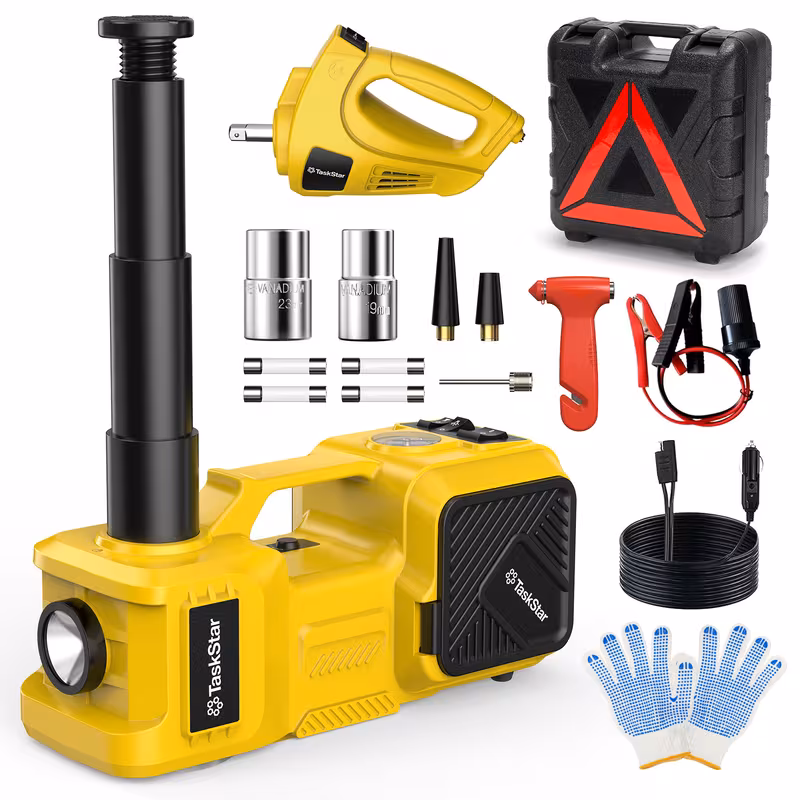 TaskStar Electric Car Jack Kit 11023LBS, 5 Ton 12V Hydraulic with Electric Impact Wrench and Tire Inflator Pump