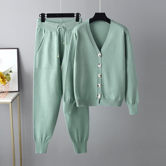 Lilgiuy Women's 2 Piece Outfits Oversized Sweater Set Leisure Sets Knit Cardigan V Neck Sweaters and Drawstring Pants Leisurewear with Pockets Gift for Friends and Family