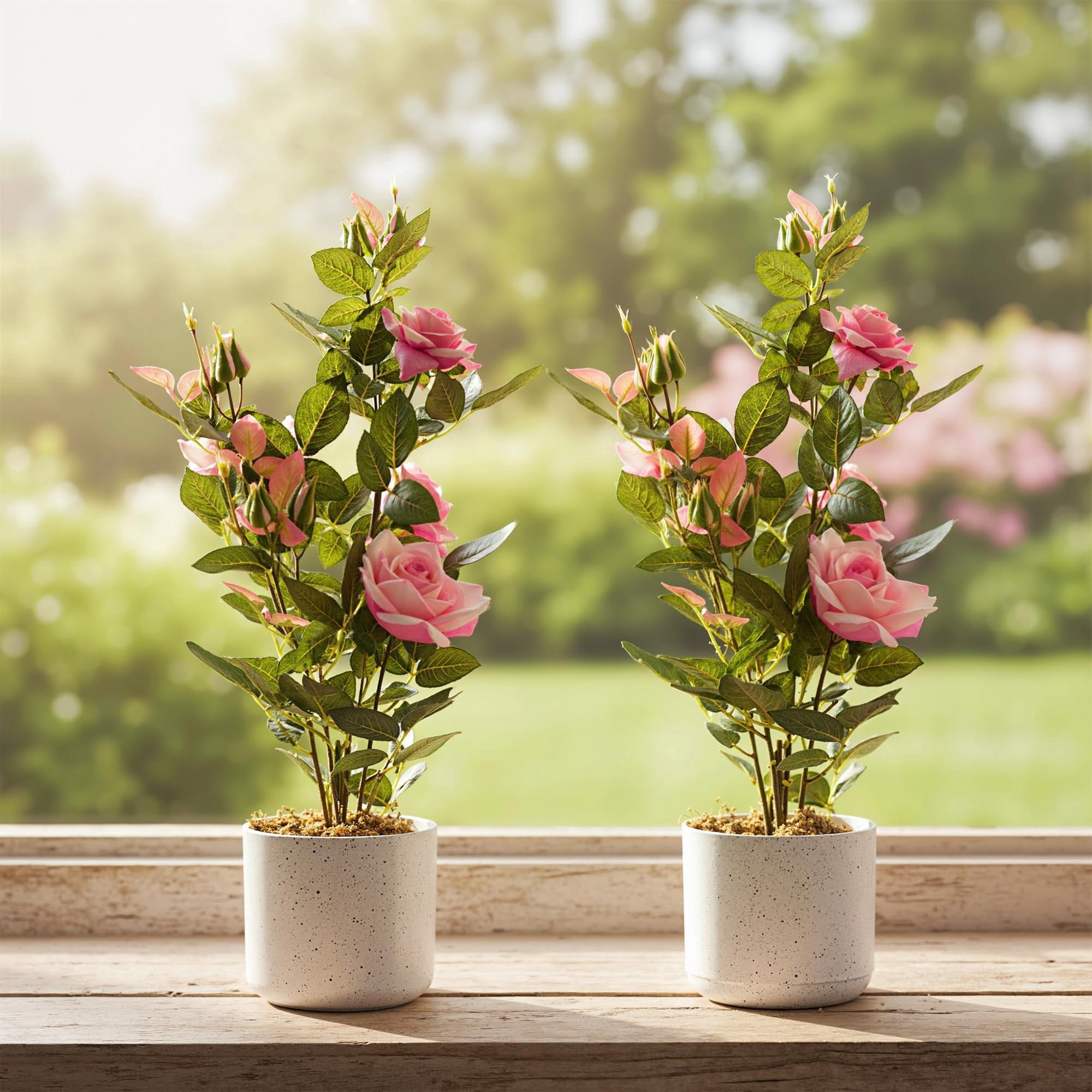 QinaQin Set of 2 Artificial Curled Pink Rose Trees – Lifelike Silk-Like Blooms in White Pots – Faux Indoor Outdoor Decorative Plants for Home, Office, Porch, Patio – Pink, Curled Rose, 54cm, Two