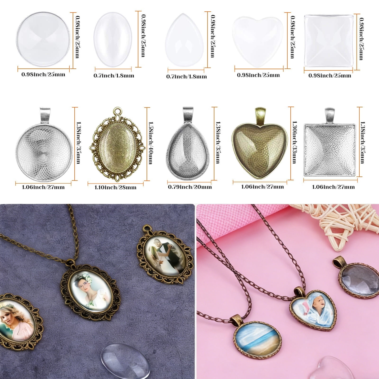 342Pcs Necklace Making Kit Adult,Pendant Trays Set for Jewelry Making with Glass with Fine Storage Pouch, Cabochons, 60ft Jewelry Chain 6 Color Plated Metal, Open Jump Rings, Lobster Clasps