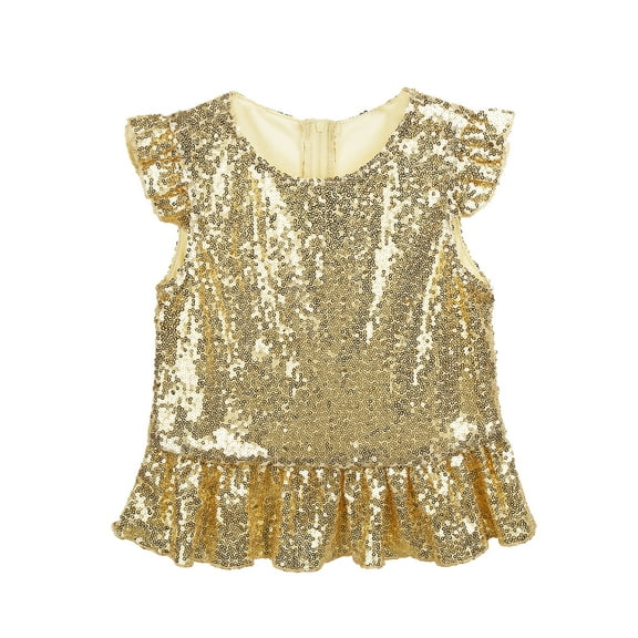 Raenseen Girls Sparkle Camisole Flutter Sleeve Peplum Tops Zipper Back Festival Outfit Performance Gold 4