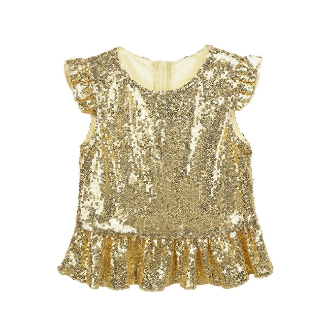 Oyolan Kids Girls Sequins Ruffled Top Mermaid Costume Flutter Sleeve Peplum Blouse for Carnival Performance Gold 16