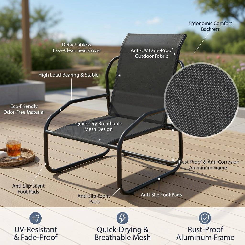 Hommoo 2-Piece Outdoor Patio Chair Set, Metal Chairs with Removable Cushions, Adjustable Feet, and Machine-Washable Covers for Backyard, Deck or Balcony, Gray