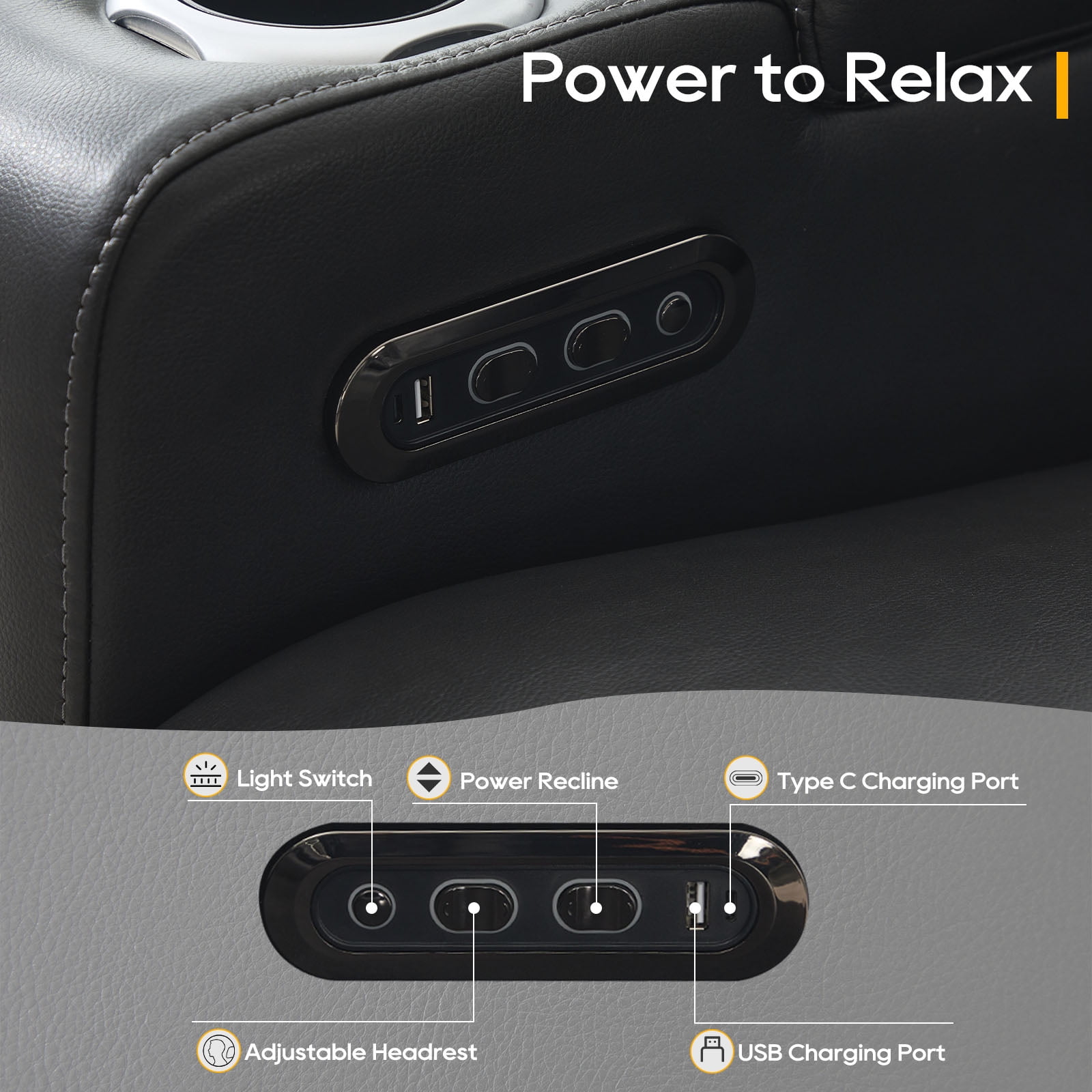 Power Recliner Sofa, Home Theater Seating with Adjustable Headrest, Blue LED Lighting, Reclining Loveseat, Flip-Up Backrest Storage, Multi-Port Charger, Cup Holder, USB