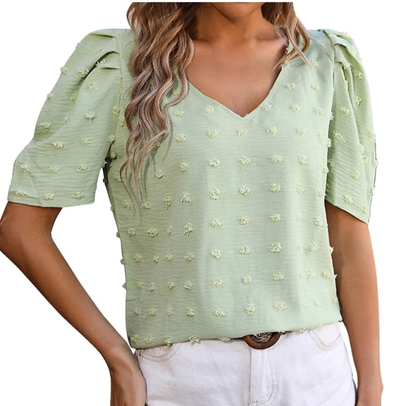 Scyoekwg Summer Womens Tops Dressy Casual V Neck Chiffon Shirts Puff Short Sleeve Elegant Shirts Solid Color Trendy Tops Blouses (Green,XXL)