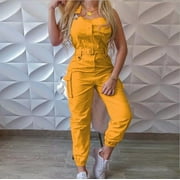 Women Casual Cargo Sleeveless Low Collar Strap Jumpsuit With Pocket Belt Pencil Pants Overalls