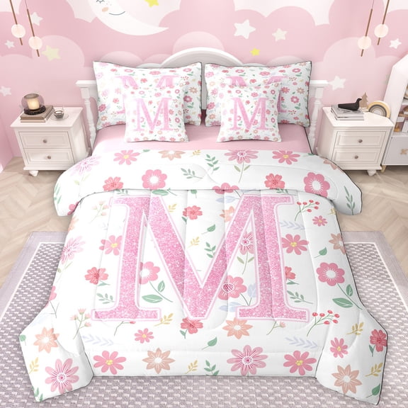 Manfei Pink Glitter Print 7-Piece Twin Bedding Sets,Chic Flower Daisy Bedding Comforter Set,First Letter M Sheet Sets For Girls,Super Cozy Room Decor Reversible