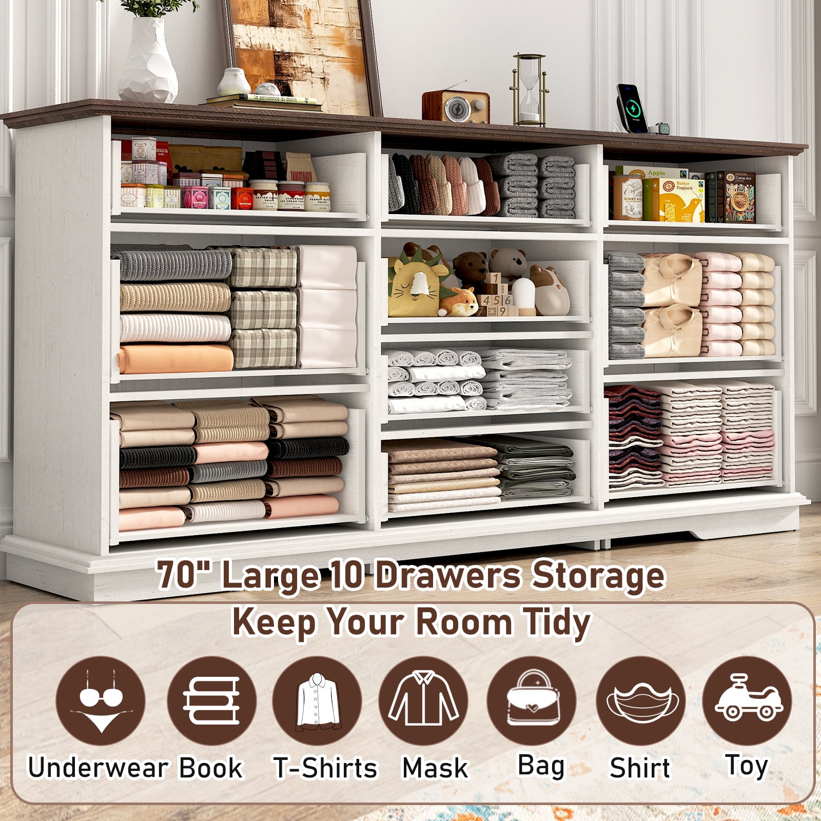 Blotout 70" Large Long Dresser with Deep Drawers, Farmhouse 10 Drawer Dresser for Bedroom, Wide Wood Chest of Drawers with Power Outlets, Antique White Dresser