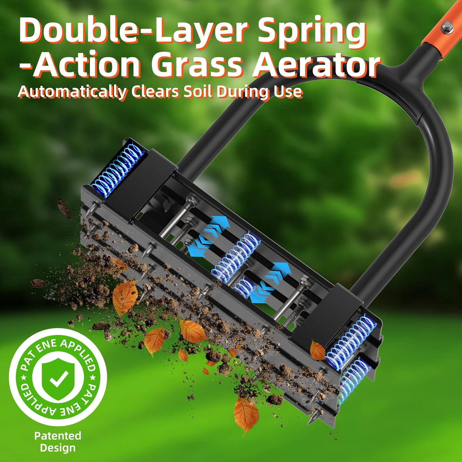 Aerator Lawn Tool - 2-in-1 Reinforced Heavy Duty Manual Lawn Aerator with 15 Spikes, Automatic Dirt and Leaf Clean Design, Adjustable T-Handle (Orange)