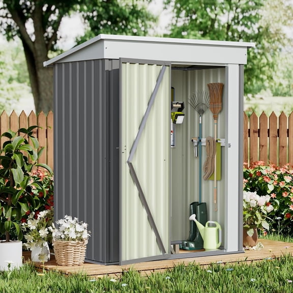 GUNJI 5 x 3 FT Shed Outdoor Storage Shed Metal Garden Shed with Lockable Door Outside Waterproof Tool Shed for Backyard, Patio, Lawn (Gray)