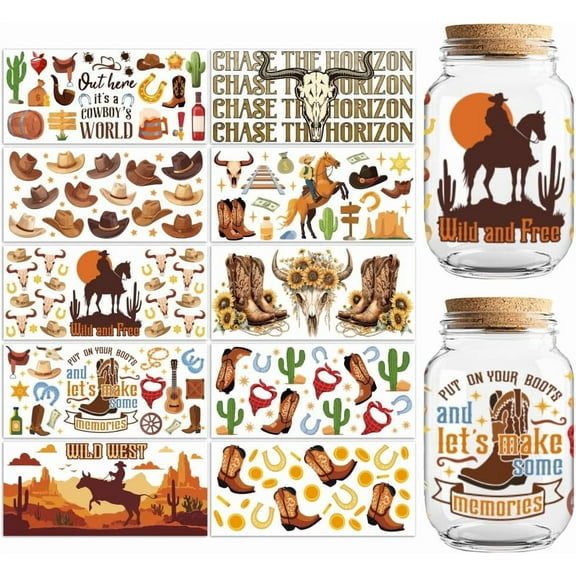 UV DTF Cup Transfer Wraps Stickers Western Cowboys 10 Sheets Waterproof Vinyl 16oz Coffee Glass Cup Tumbler Bottle Mug Decals for Men Women Colorful