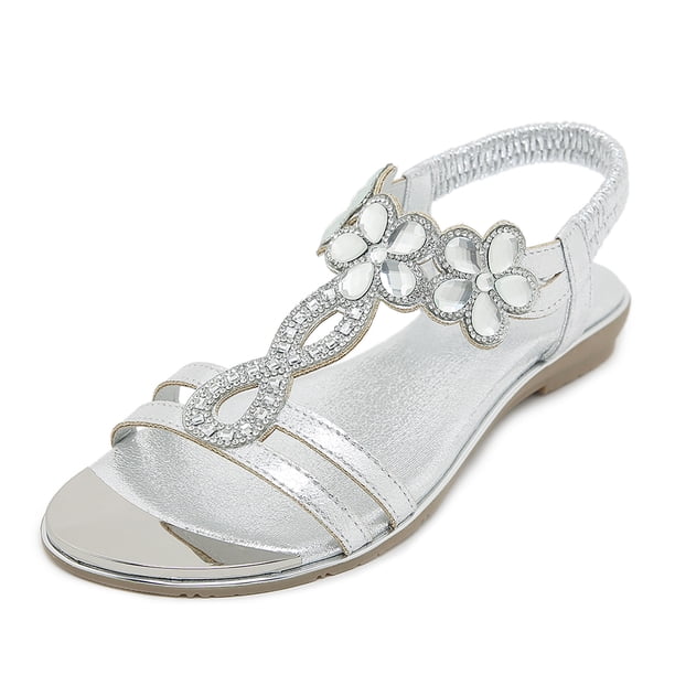 Sandalias de tobillo elásticas a la moda para mujer sandalias con flores de diamantes de imitación para viajes al aire libre