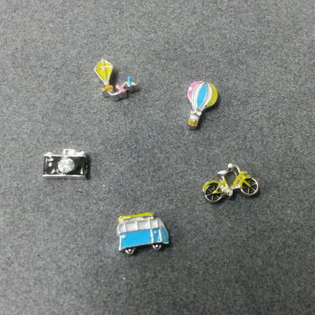 Enamel Locket Charm - 5 PC - Travel Theme Enamel Silver Charm for Floating Locket Jewelry T0170
