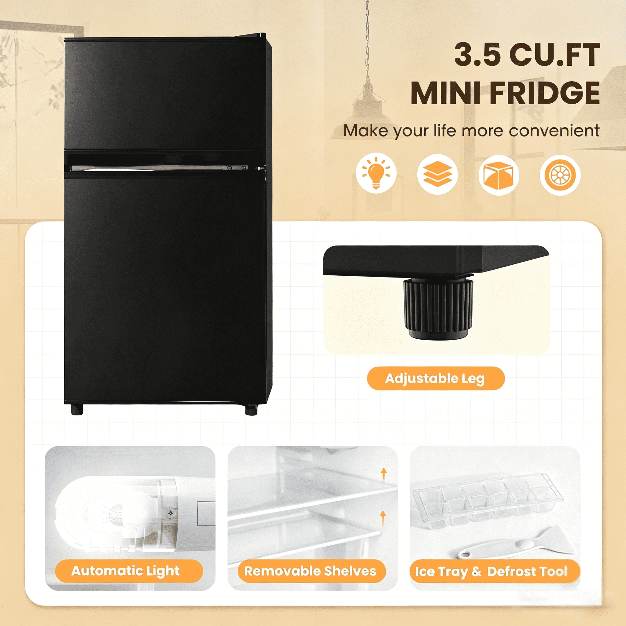 UrbanSync 3.5 Cu.Ft Mini Fridge with Freezer – Quiet, Energy-Efficient, and Space-Smart, Black