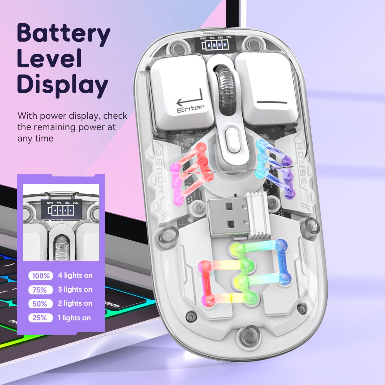 SPOORYYO Transparent Wireless Mouse with Dual 2.4G/Bluetooth 5.0 Connection, RGB Backlight, and Type-C Rechargeable - High-Capacity Battery and Precision Sensor for Office and Gaming