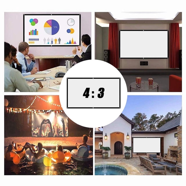 proyector de pared portátil onlyliua 60/72/84/100/120 pulgadas pantalla hd 4:3 cine en casa para exteriores — Collage con cuatro vistas frontales de pantalla HD 4:3 montada en pared: presentación en sala de reuniones con gráficos, sala de cine doméstica con cortinas rojas, proyección nocturna junto a piscina con espectadores y pantalla desplegada en patio trasero residencial.