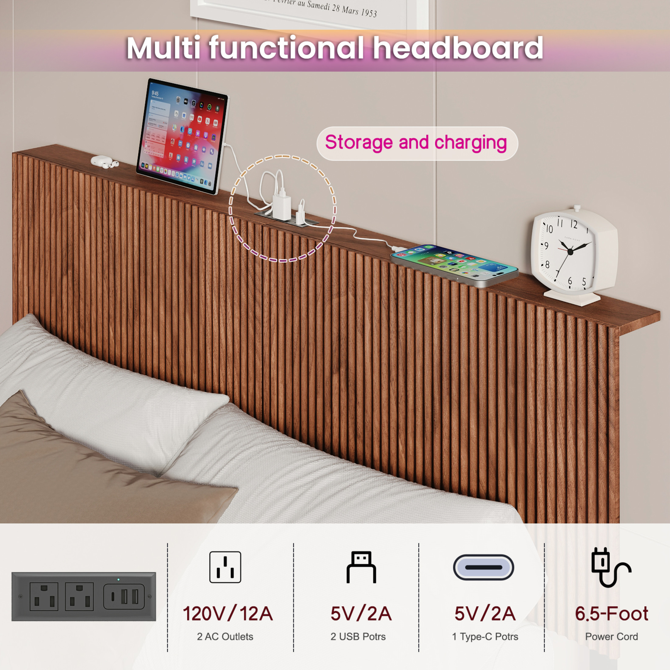 Noble House Modern Queen Floating Bed Frame with Charging Station, LED Lights & Wavy Headboard, Walnut